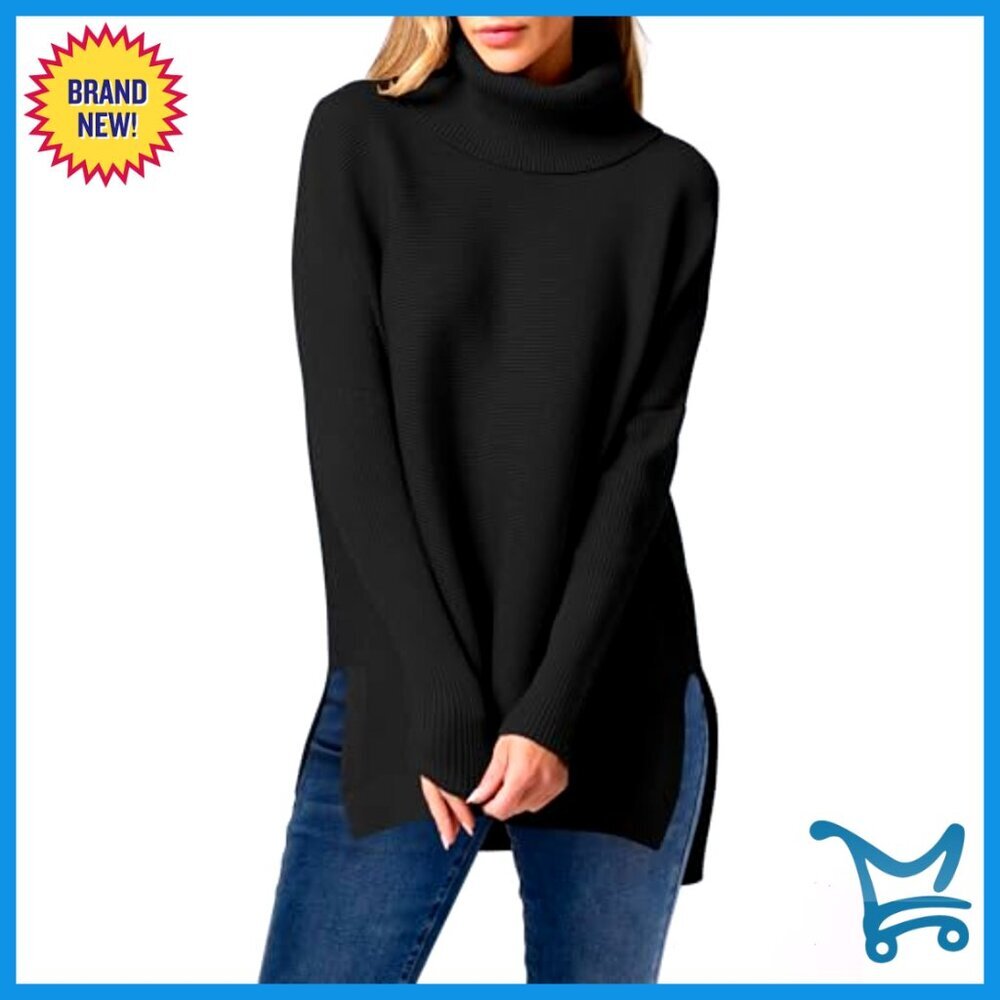 Oversized Turtleneck Batwing Sleeve Split Hem Knit Pullover Sweater - Picture 5 of 7